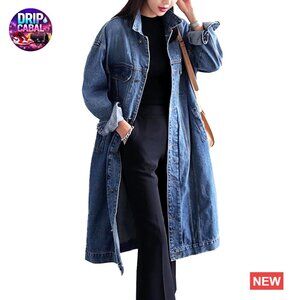 Classic Denim Trench Coat Oversized Plus Size Long Sleeve Button Down Jacket